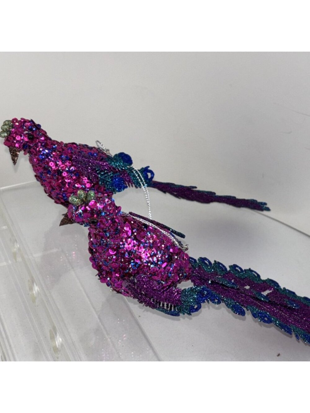 Blue Violet Glitter Peacock 10” Christmas Tree Ornaments Clip On Set Of 2